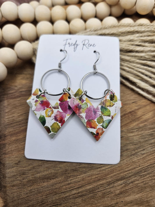 Cork Earrings, Genuine Leather Backing, Bright Pink Floral, Spring Summer Earrings