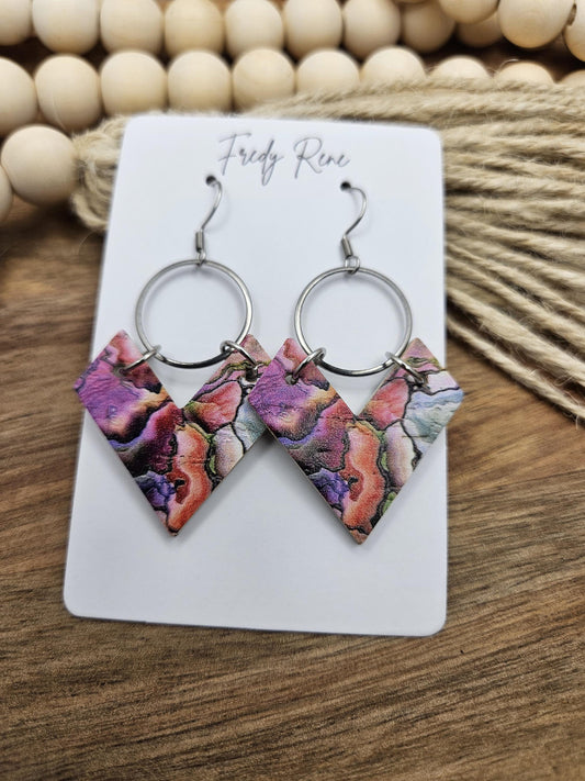 Cork Earrings, Genuine Leather Backing, Bright Marble Print