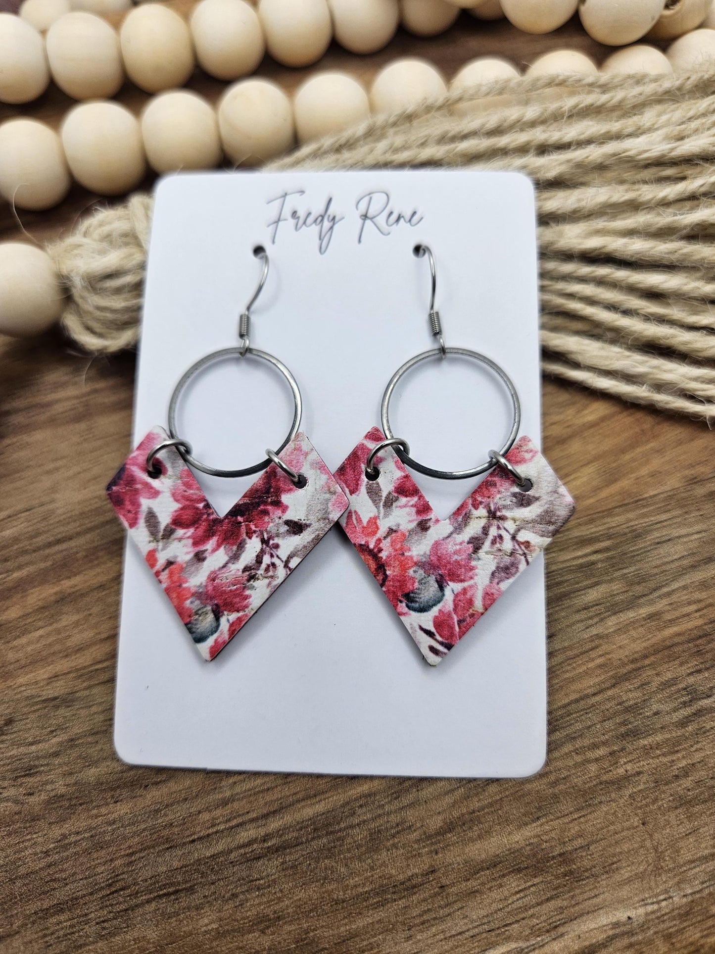 Cork Earrings, Genuine Leather Backing, Bright Pink Floral