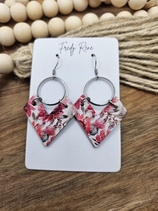 Cork Earrings, Genuine Leather Backing, Bright Pink Floral