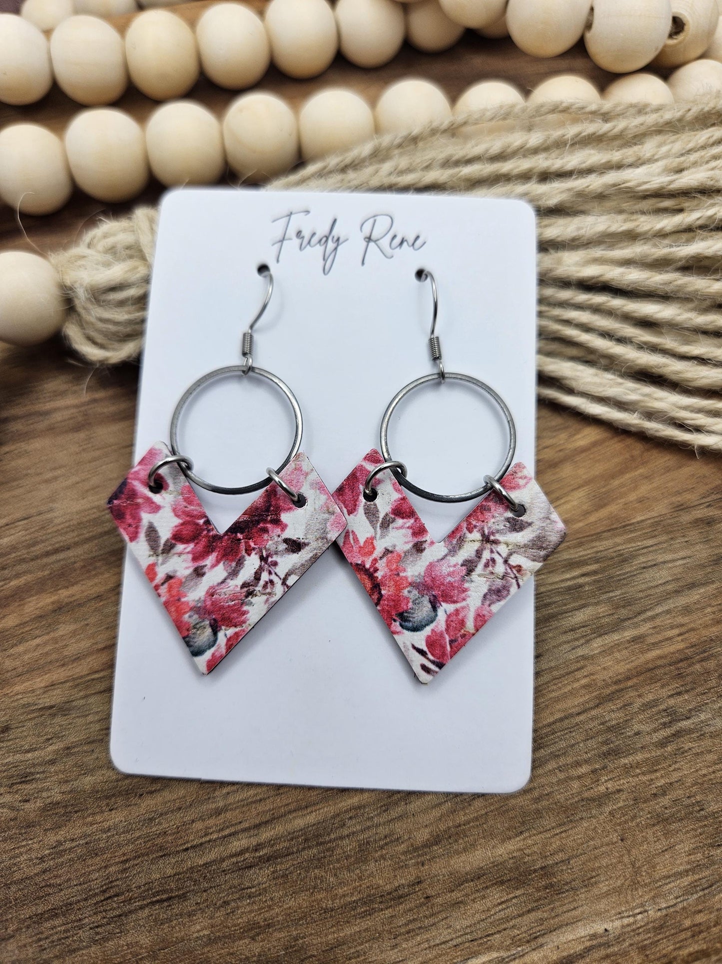 Cork Earrings, Genuine Leather Backing, Bright Pink Floral