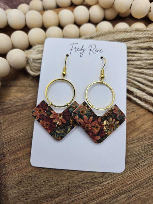 Cork Earrings, Genuine Leather Backing, Dark Floral