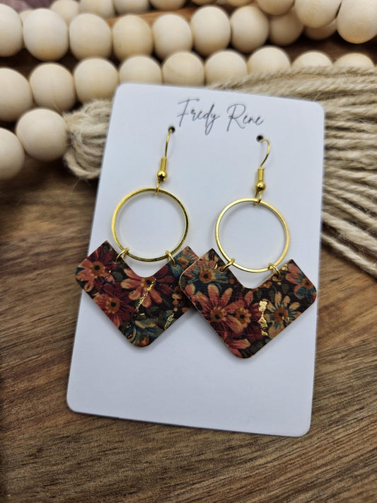 Cork Earrings, Genuine Leather Backing, Dark Floral