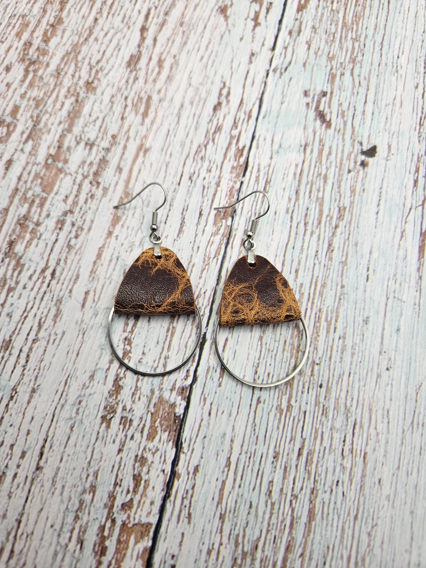 Rustic Brown Leather Earrings with Metal Circle Detail