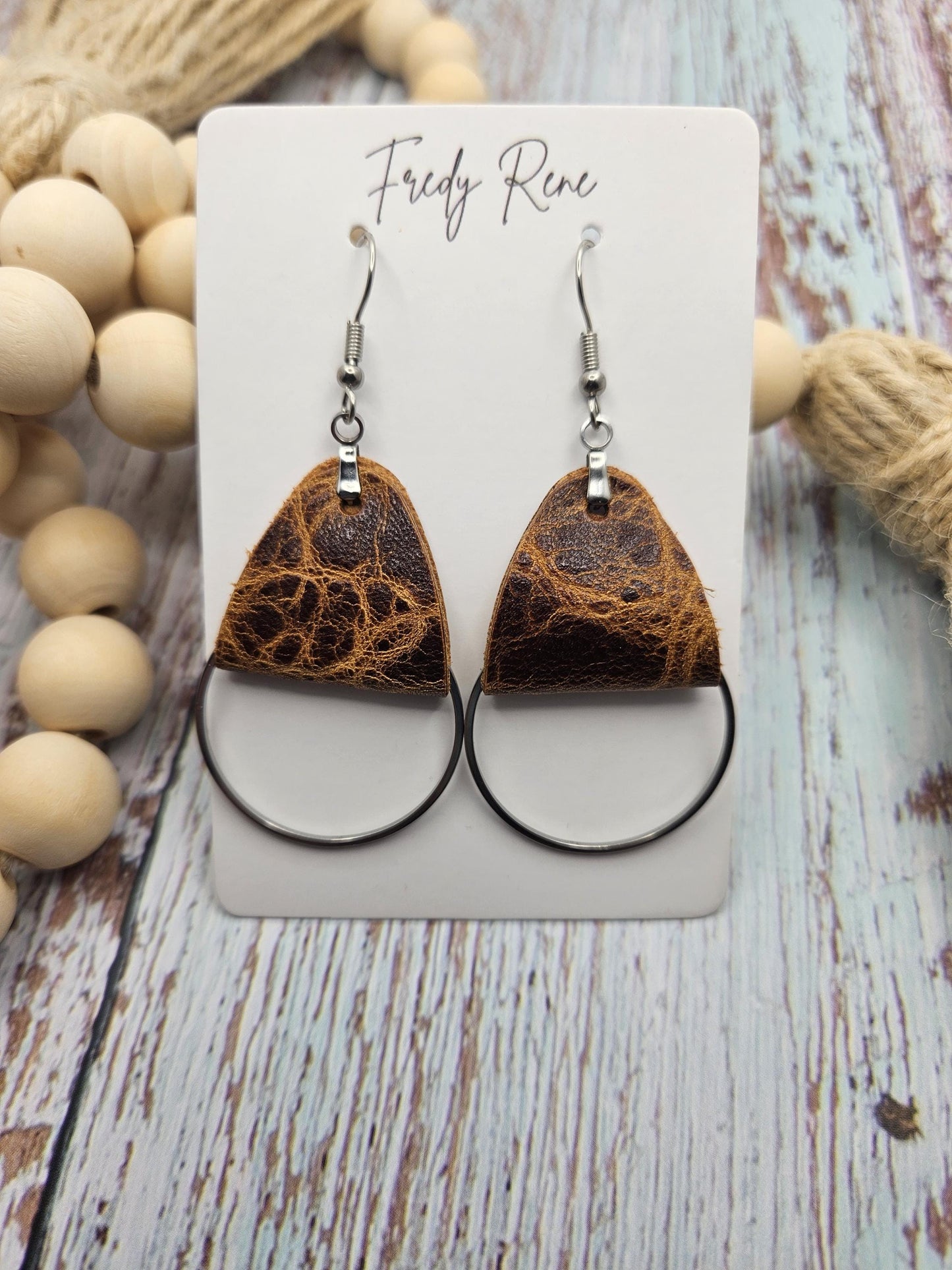 Rustic Brown Leather Earrings with Metal Circle Detail