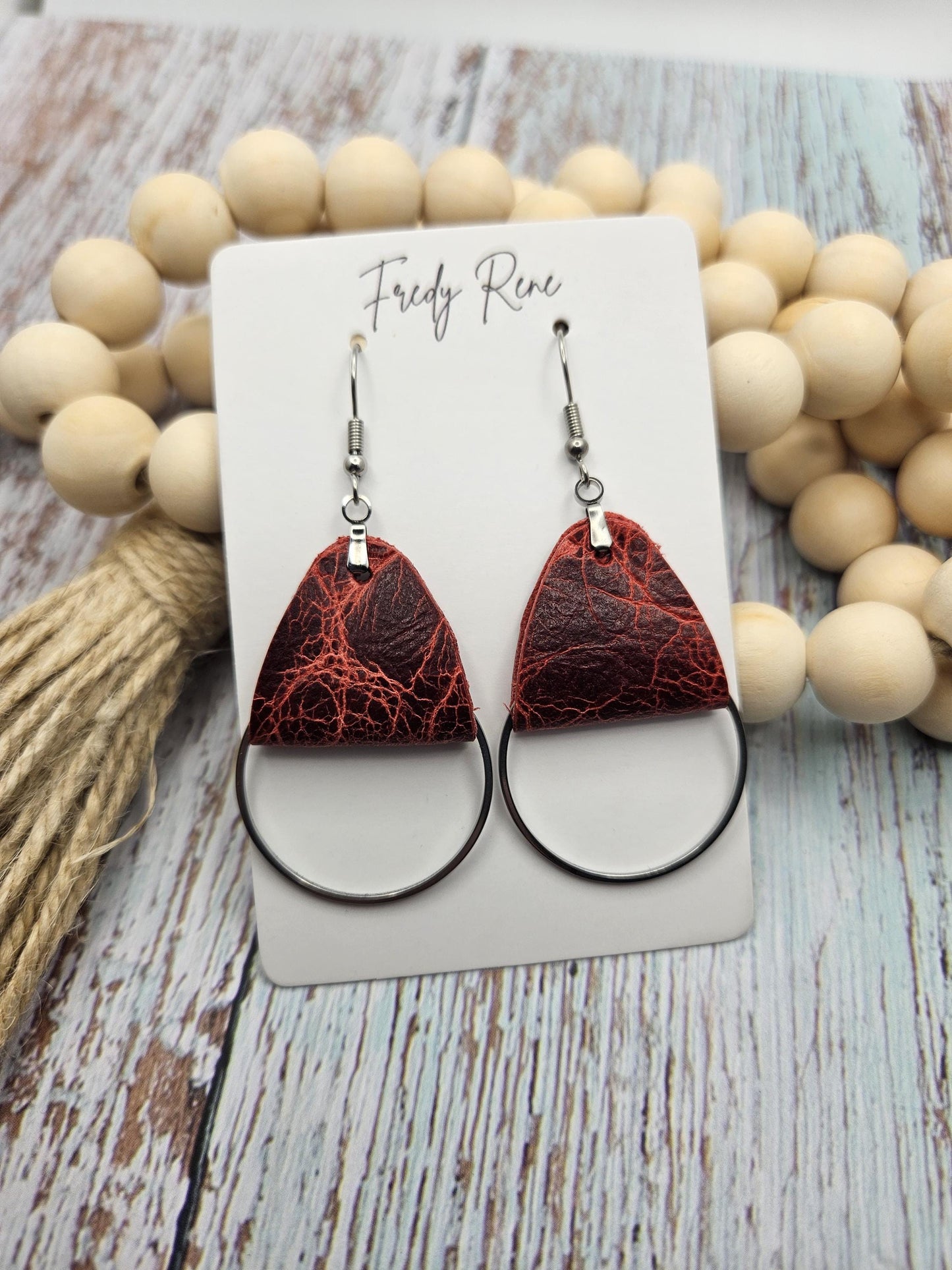 Rustic Red Leather Earrings with Metal Circle Detail