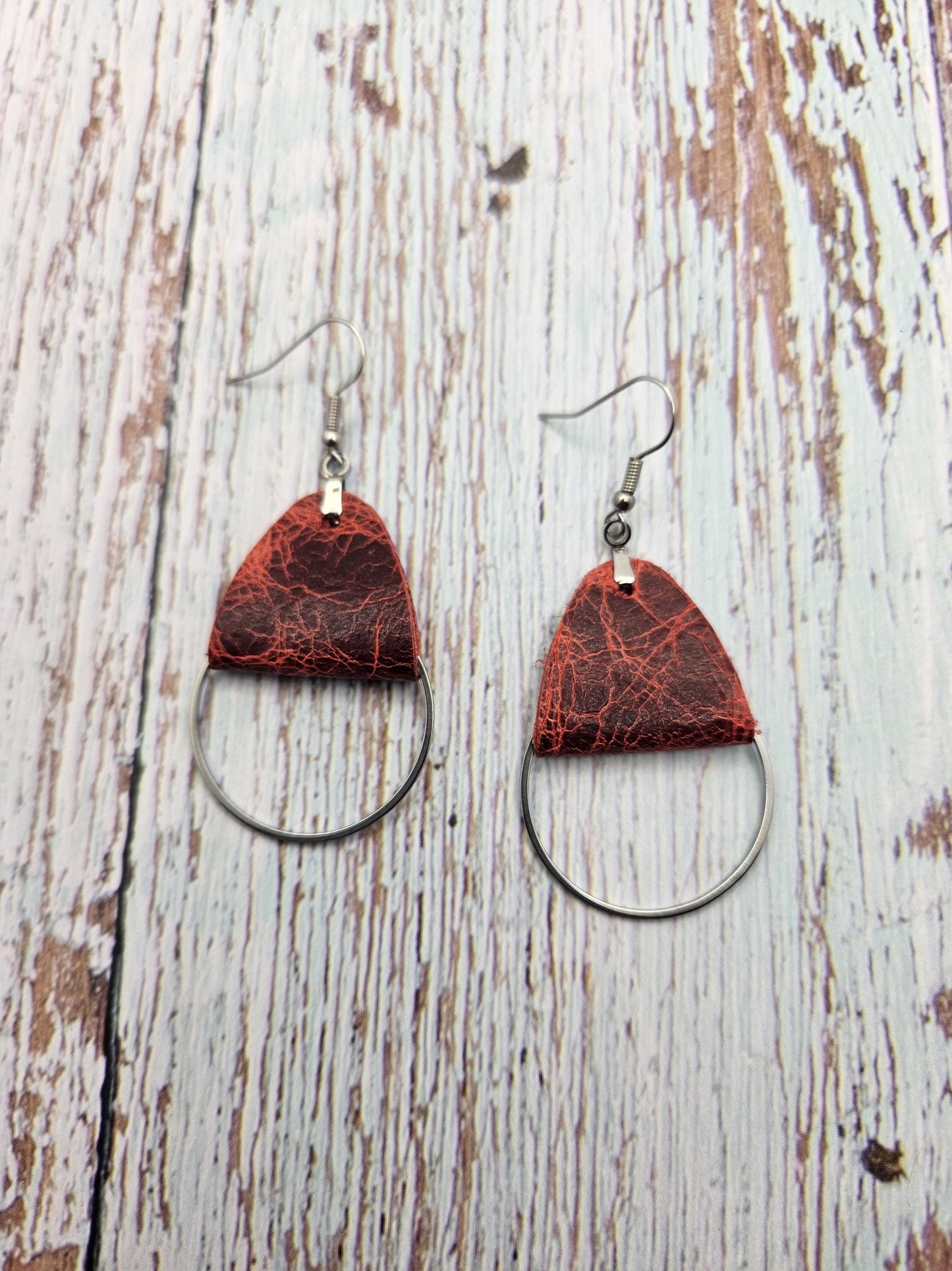 Rustic Red Leather Earrings with Metal Circle Detail