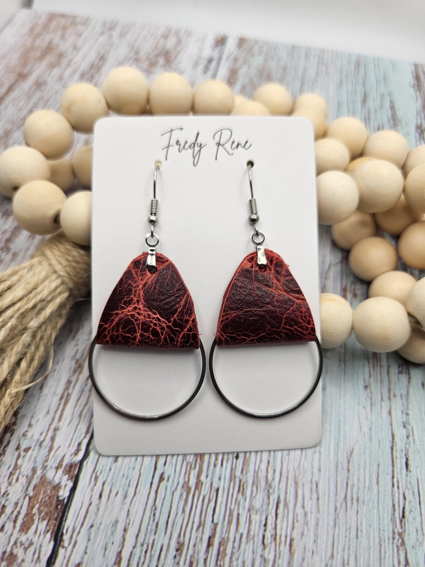 Rustic Red Leather Earrings with Metal Circle Detail