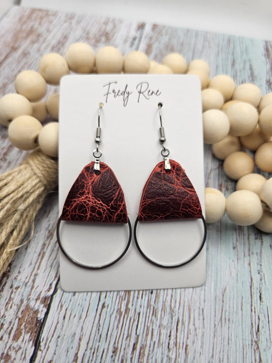 Rustic Red Leather Earrings with Metal Circle Detail