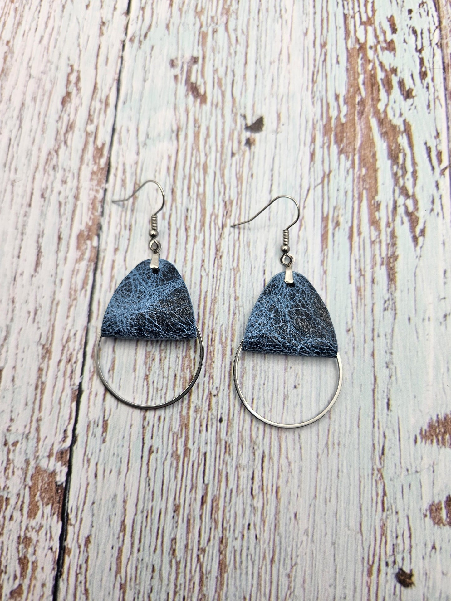 Rustic Blue Leather Earrings with Metal Circle Detail