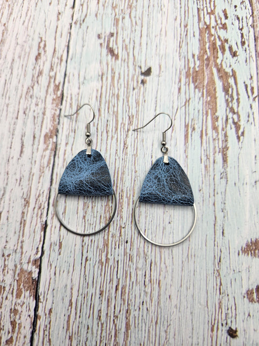Rustic Blue Leather Earrings with Metal Circle Detail