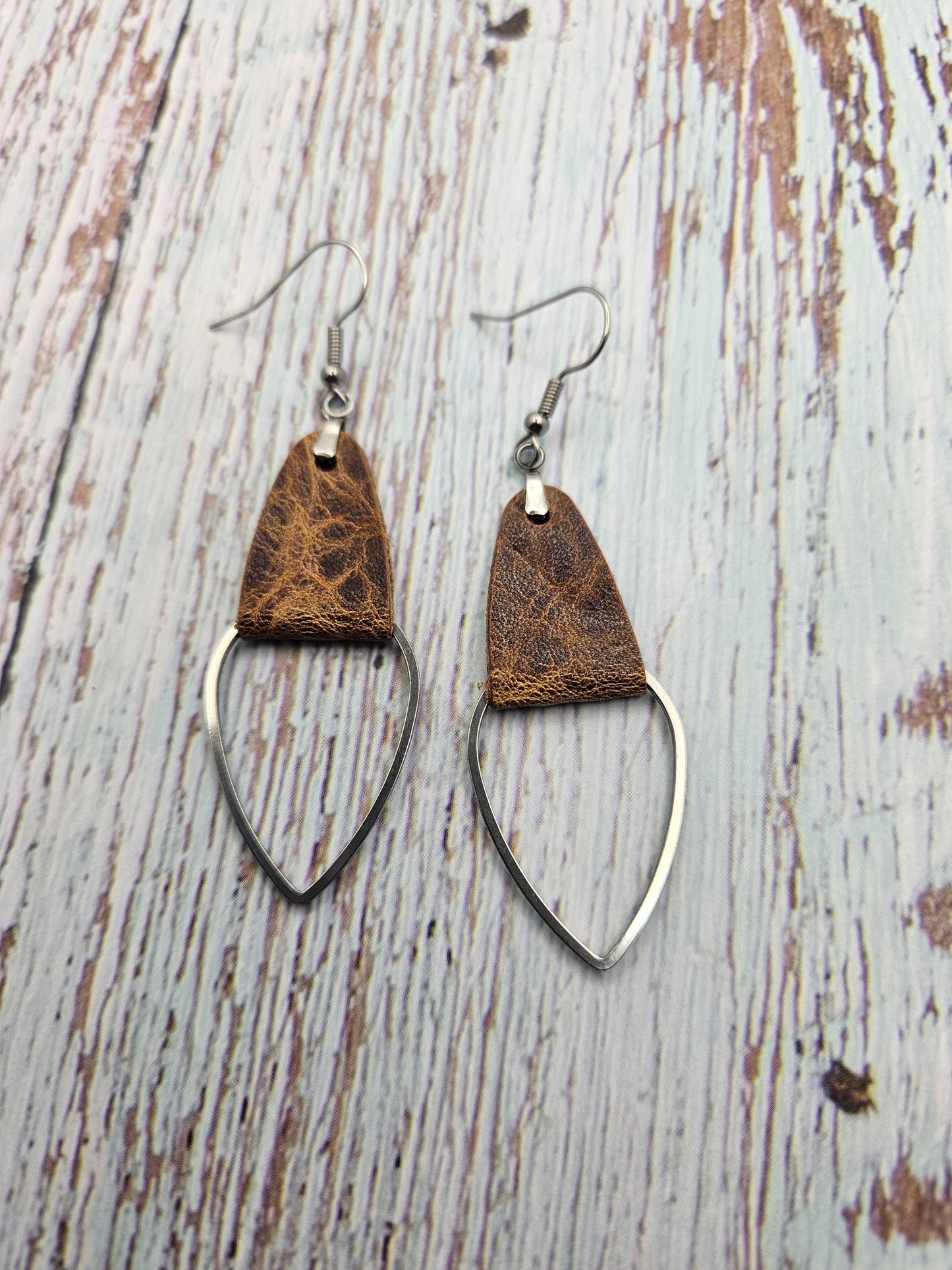 Rustic Brown Leather & Metal Teardrop Earrings