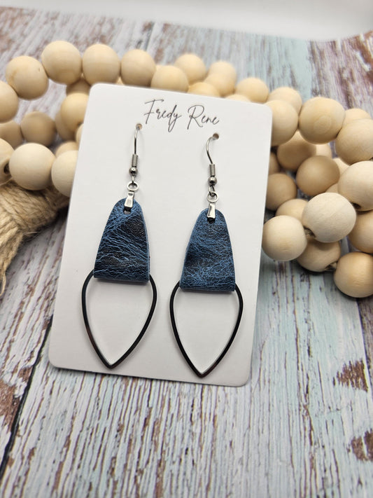 Rustic Blue Leather & Metal Teardrop Earrings