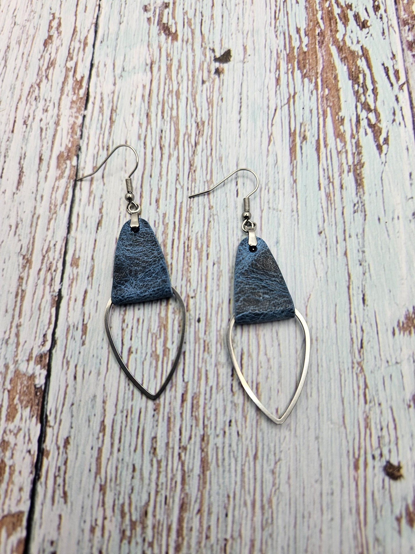Rustic Blue Leather & Metal Teardrop Earrings