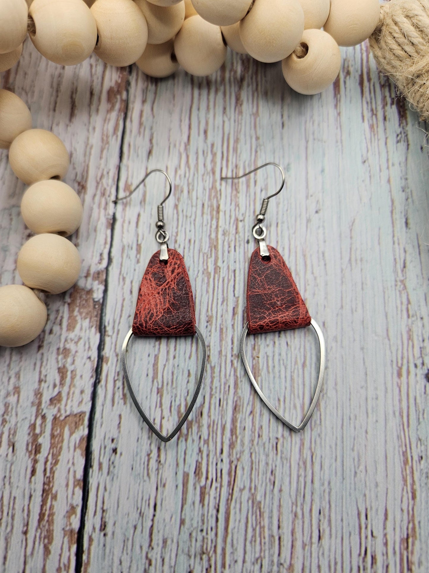 Rustic Red Leather & Metal Teardrop Earrings