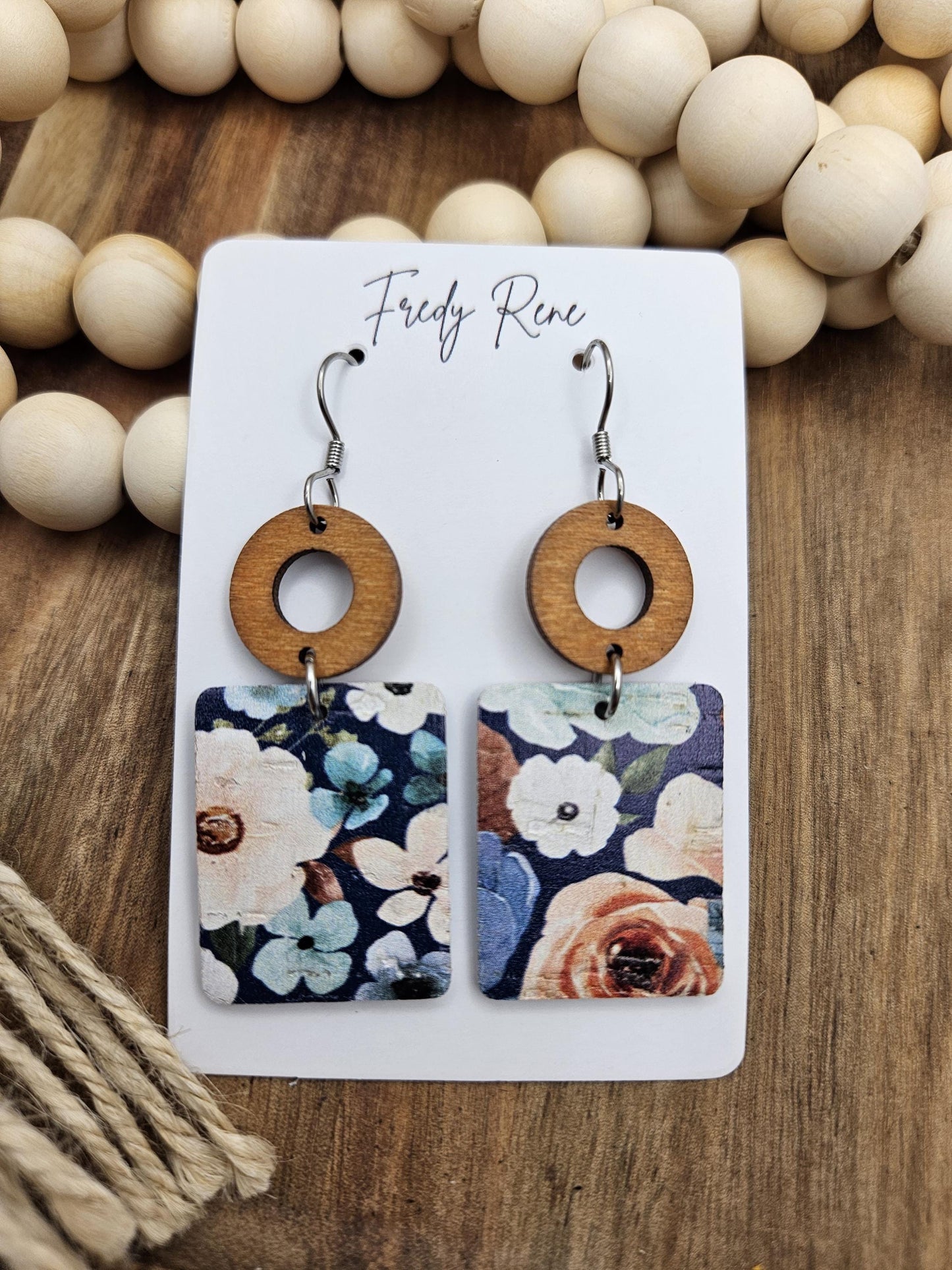 Blue Floral Rectangle Cork Backed with Genuine Leather Earrings
