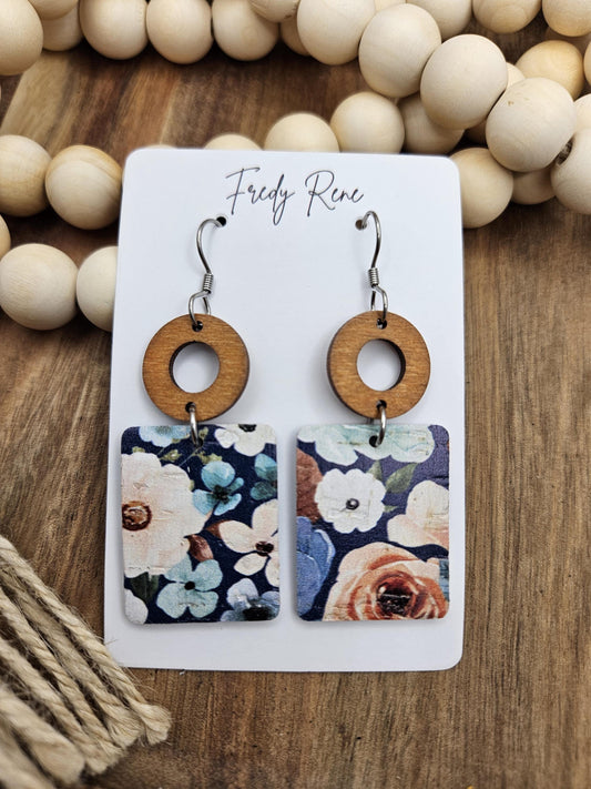 Blue Floral Rectangle Cork Backed with Genuine Leather Earrings