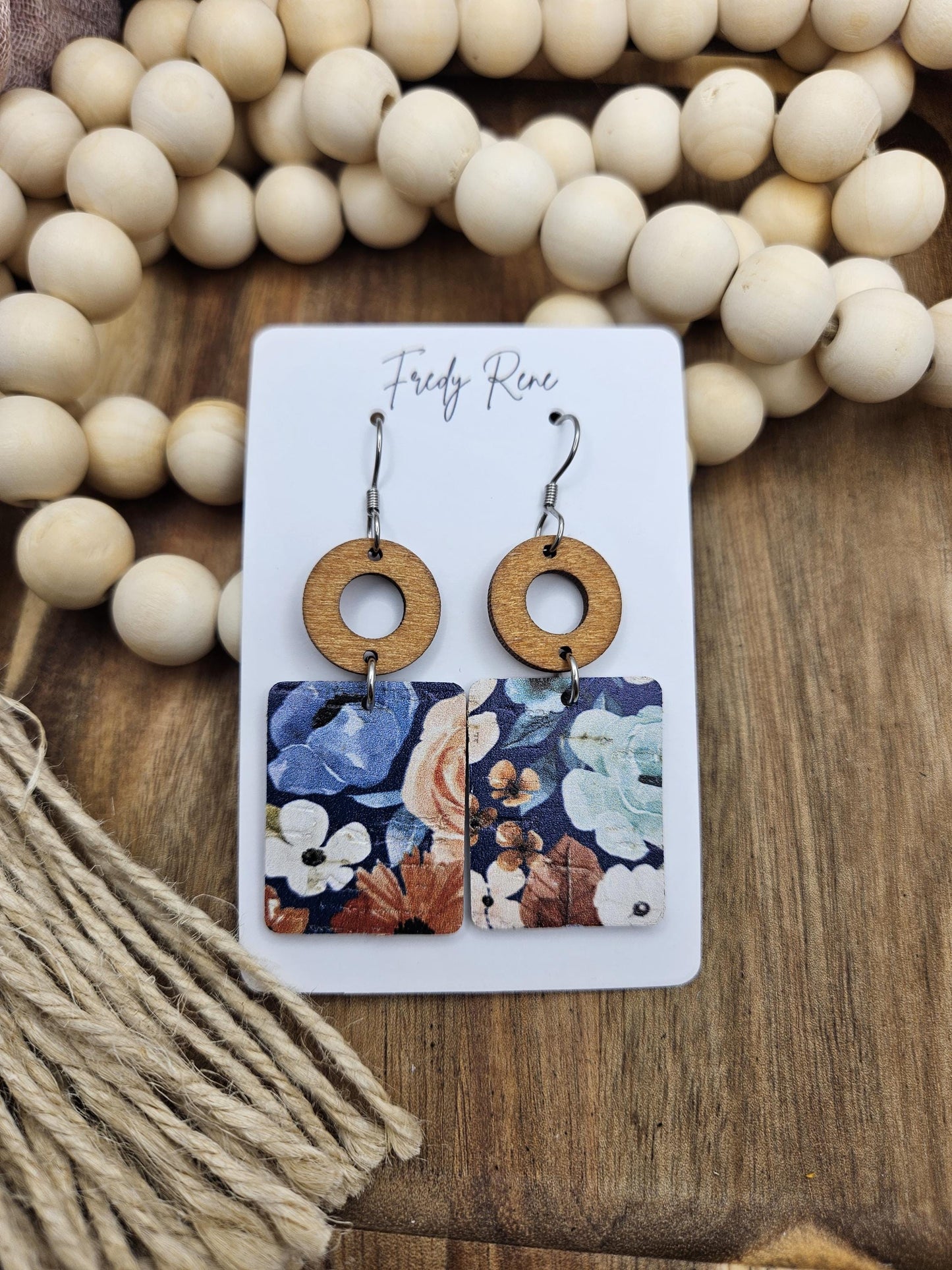 Blue Floral Rectangle Cork Backed with Genuine Leather Earrings