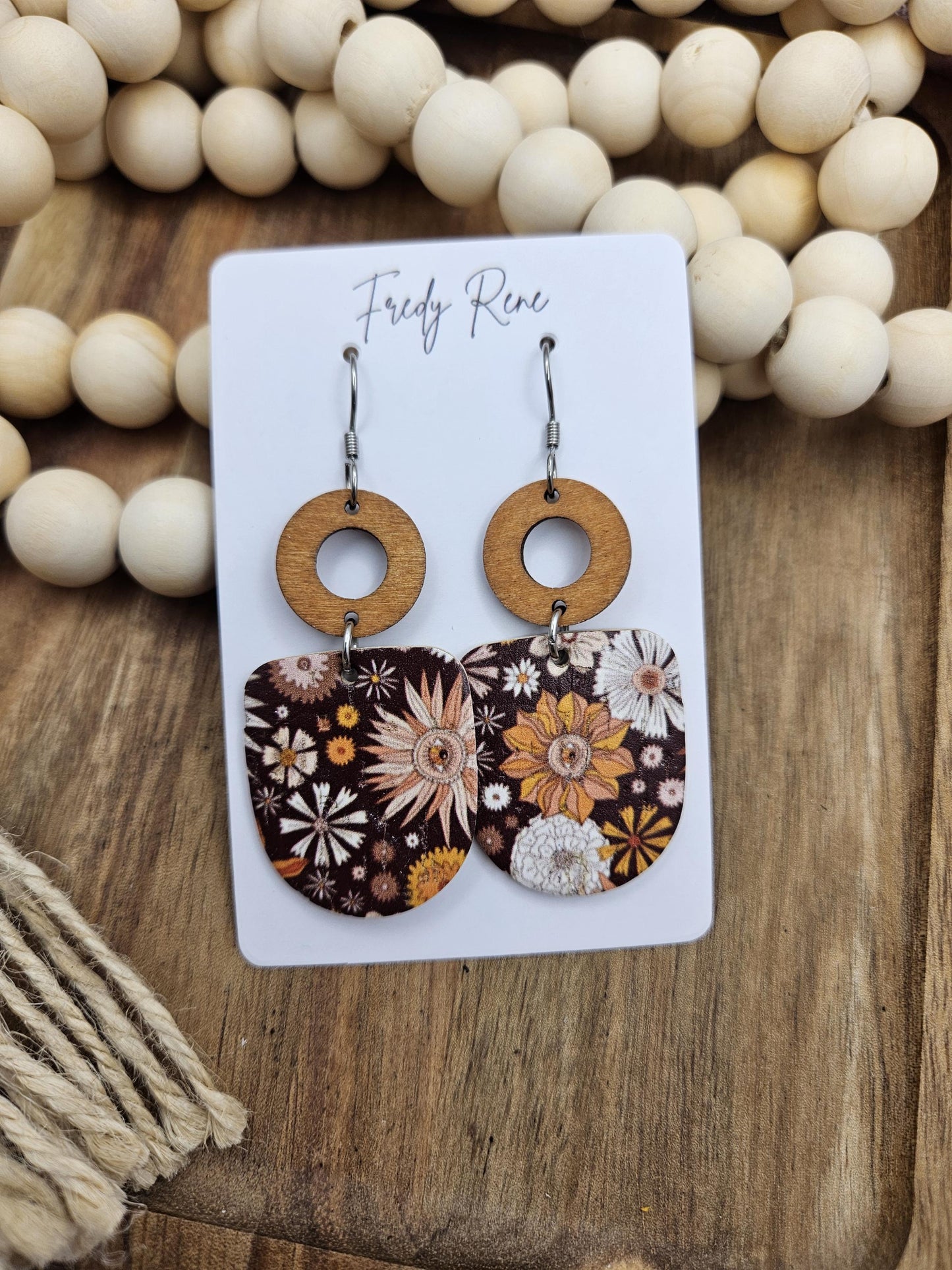 Brown Floral Cork Backed with Genuine Leather Earrings