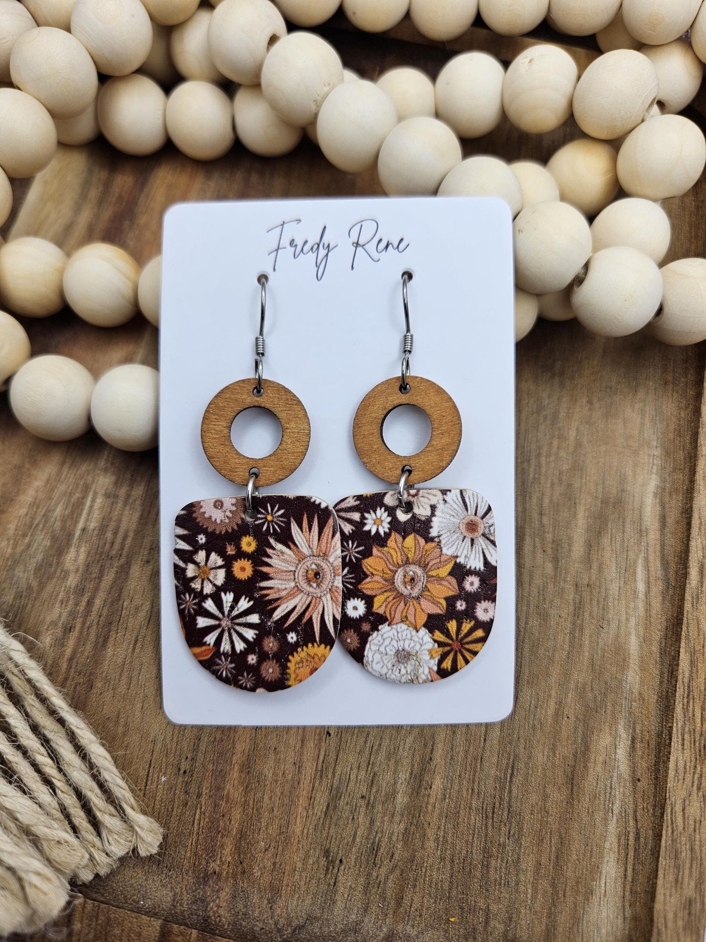 Brown Floral Cork Backed with Genuine Leather Earrings