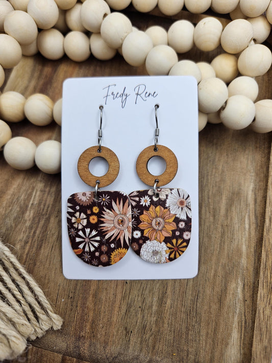 Brown Floral Cork Backed with Genuine Leather Earrings