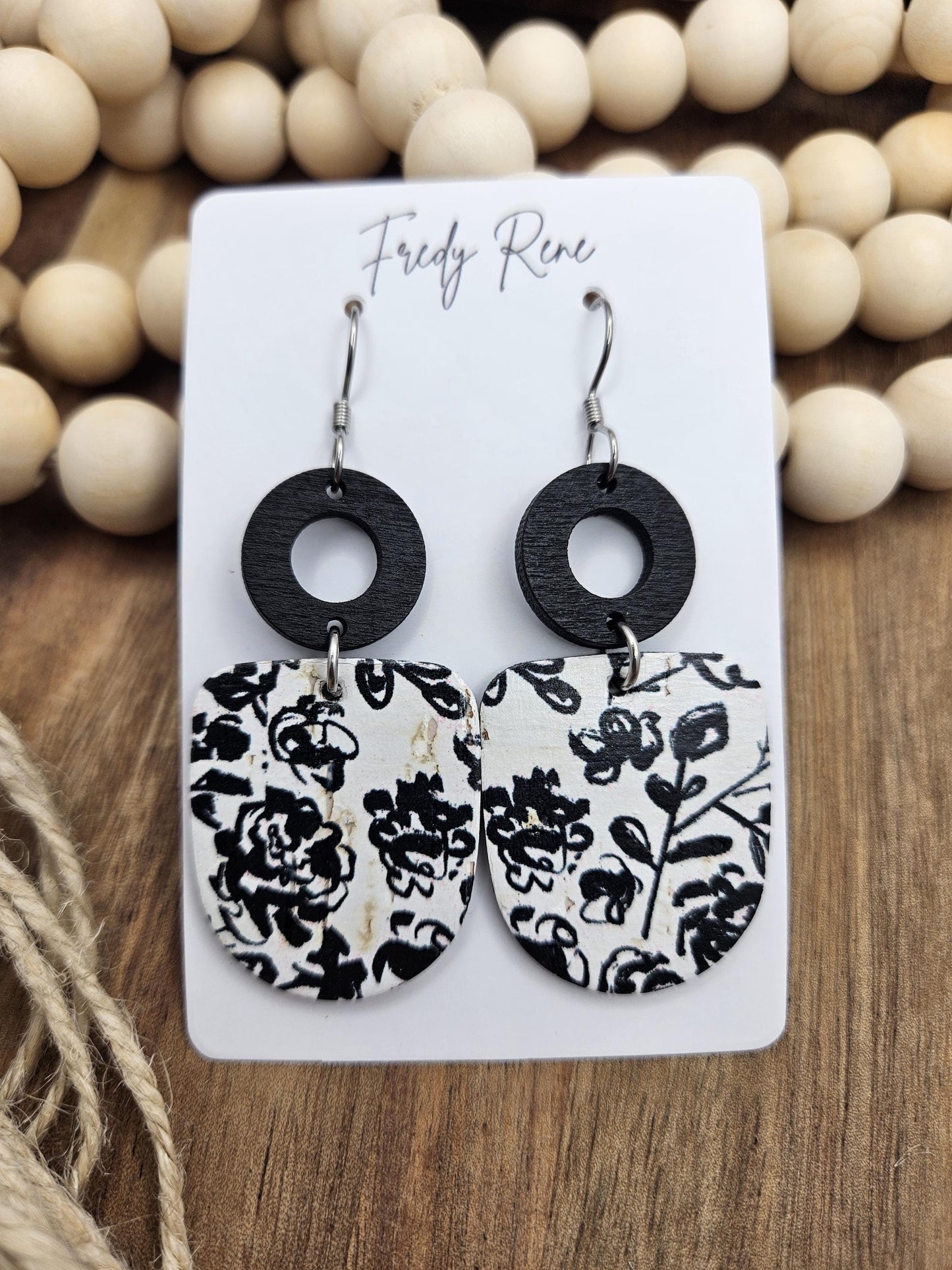 Black & White Floral Cork Backed with Genuine Leather Earrings