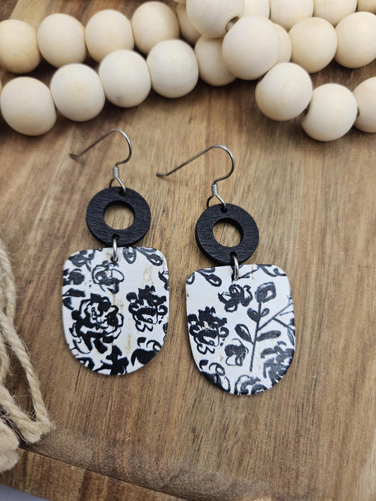 Black & White Floral Cork Backed with Genuine Leather Earrings