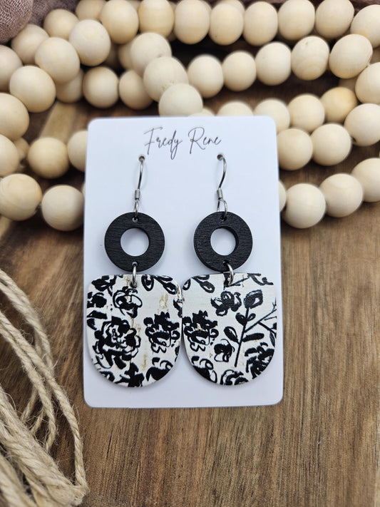 Black & White Floral Cork Backed with Genuine Leather Earrings