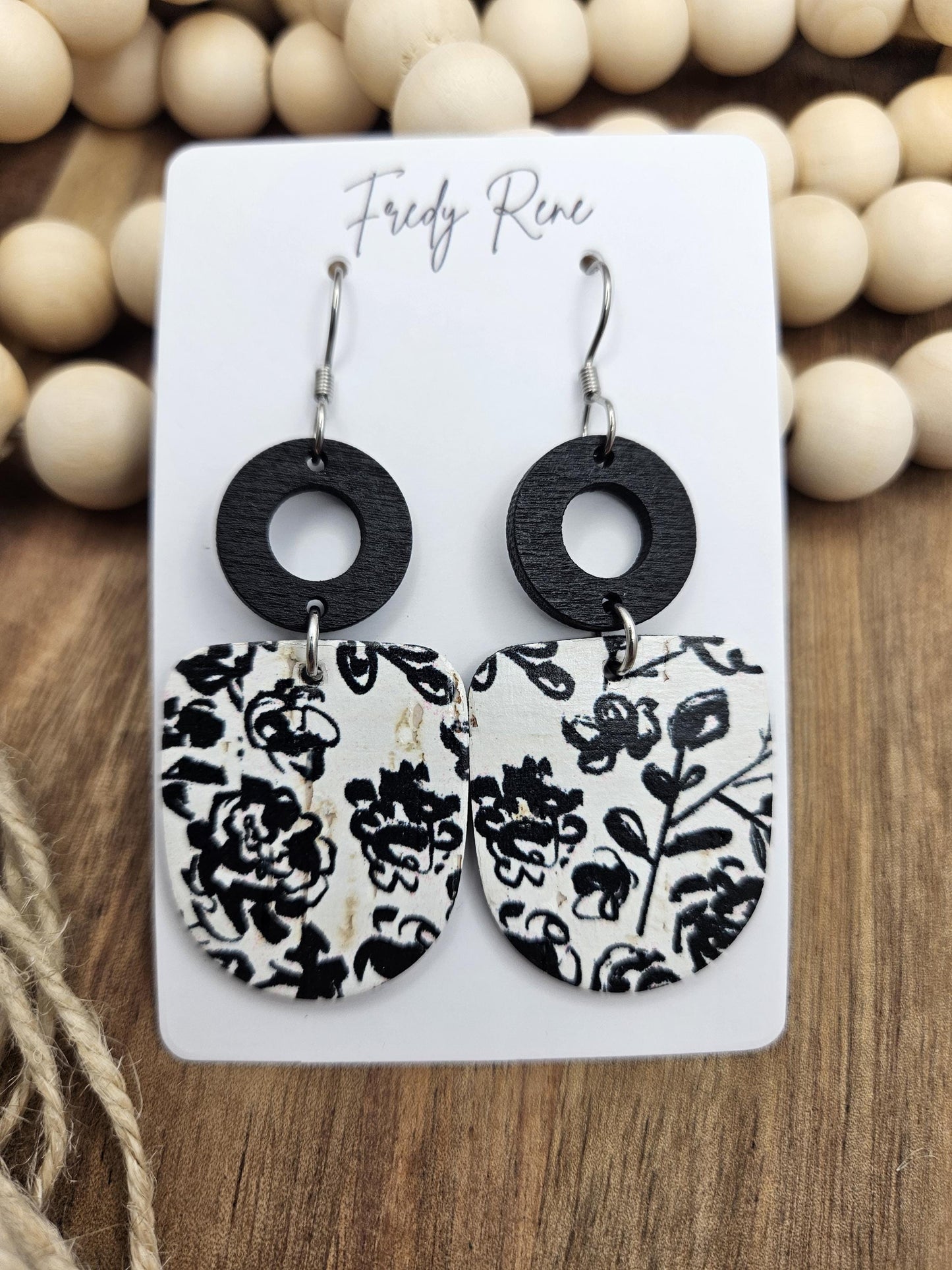 Black & White Floral Cork Backed with Genuine Leather Earrings