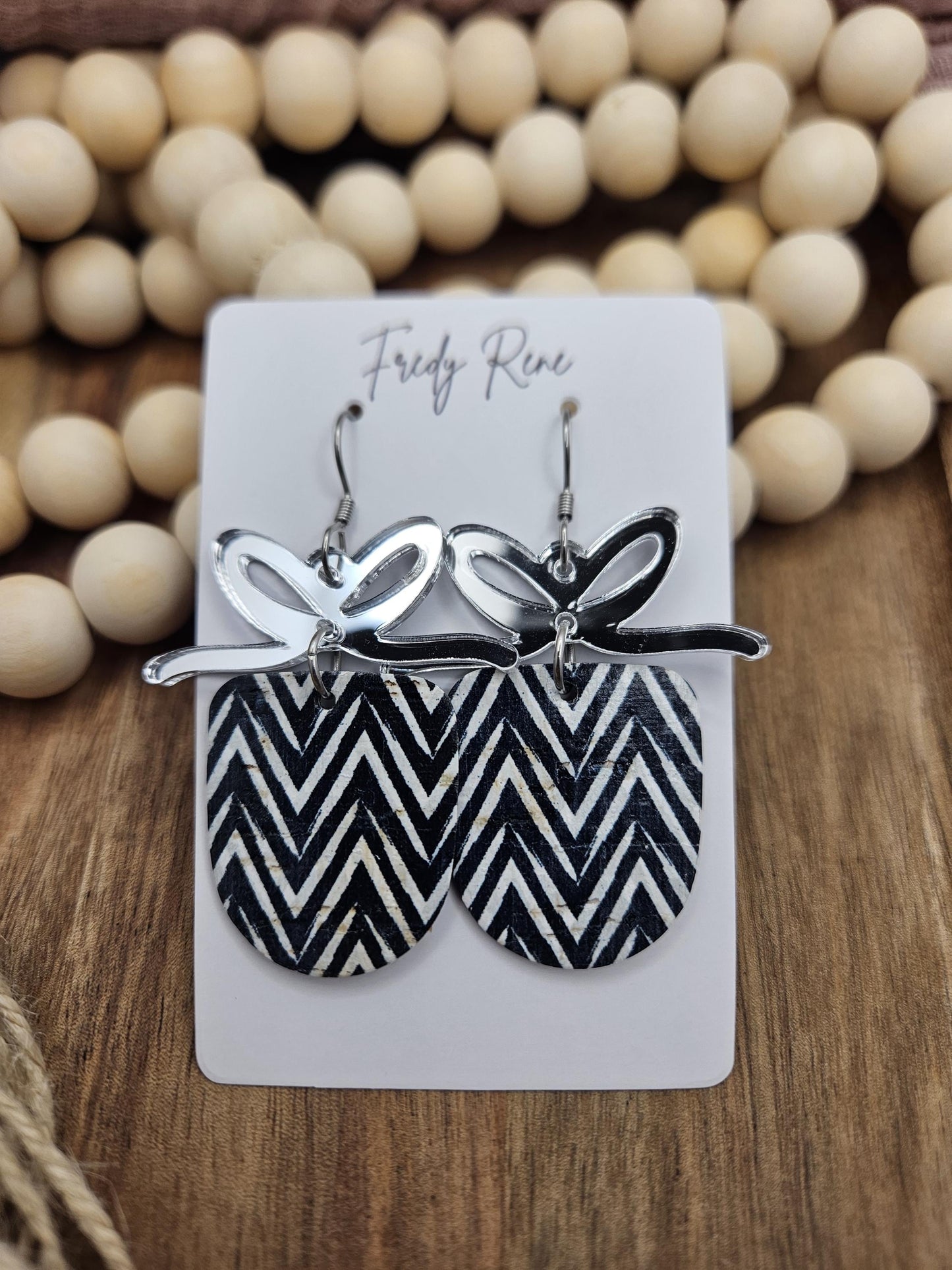 Black Chevron Cork Earrings with Genuine Leather Backing and Mirrored Bow Accents