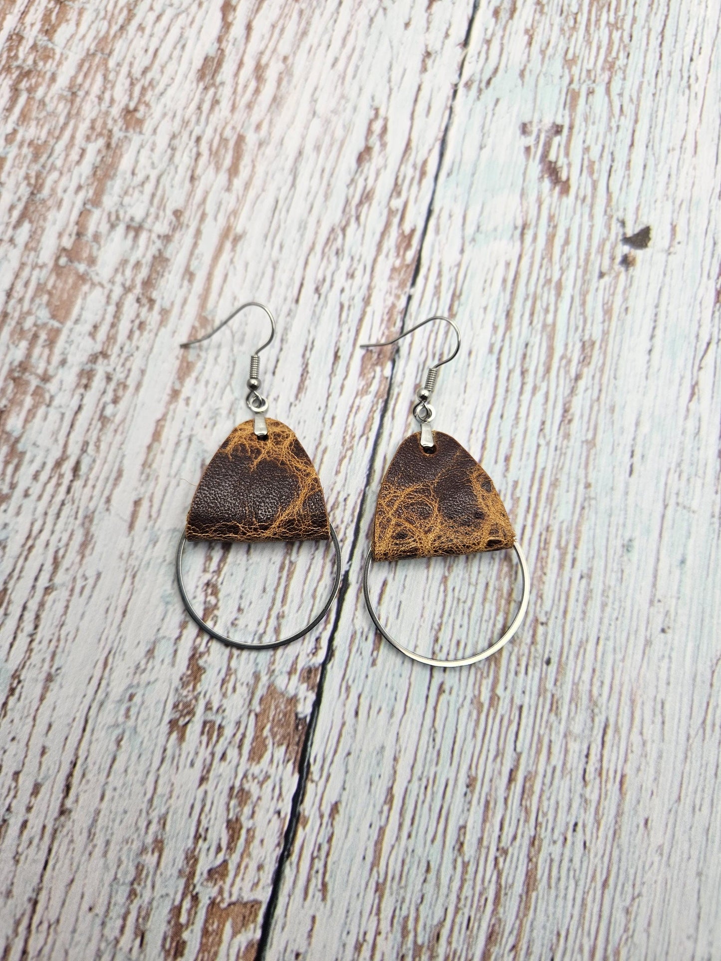 Rustic Brown Leather Earrings with Metal Circle Detail