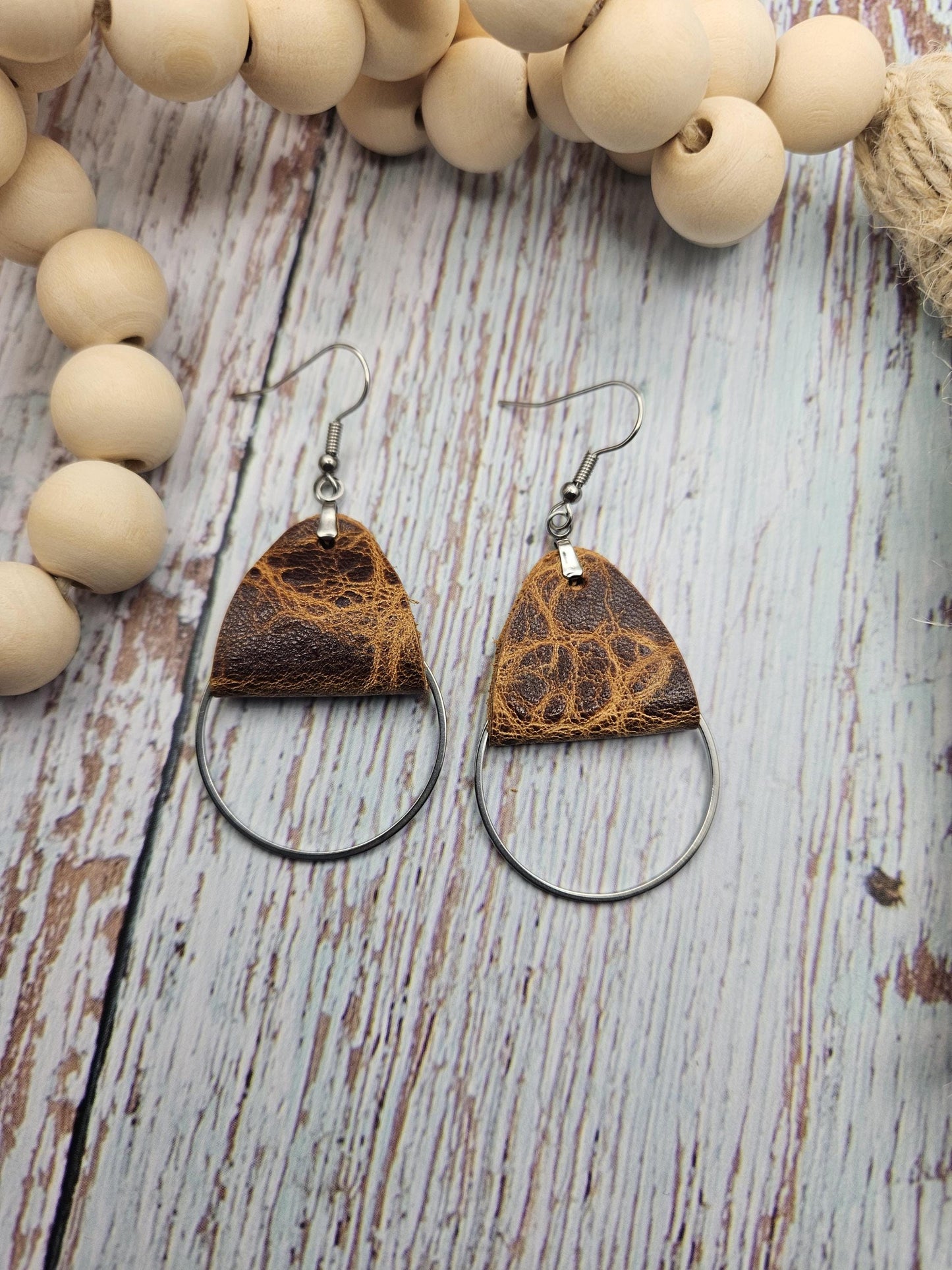Rustic Brown Leather Earrings with Metal Circle Detail
