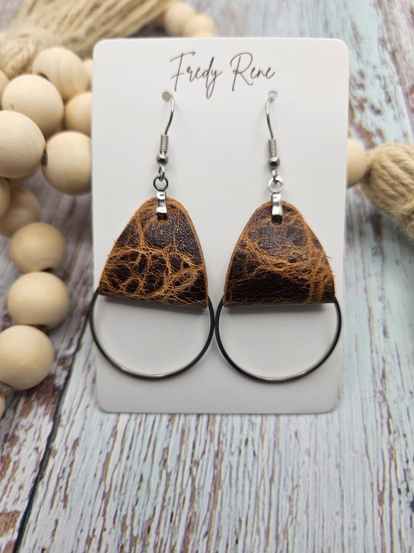 Rustic Brown Leather Earrings with Metal Circle Detail