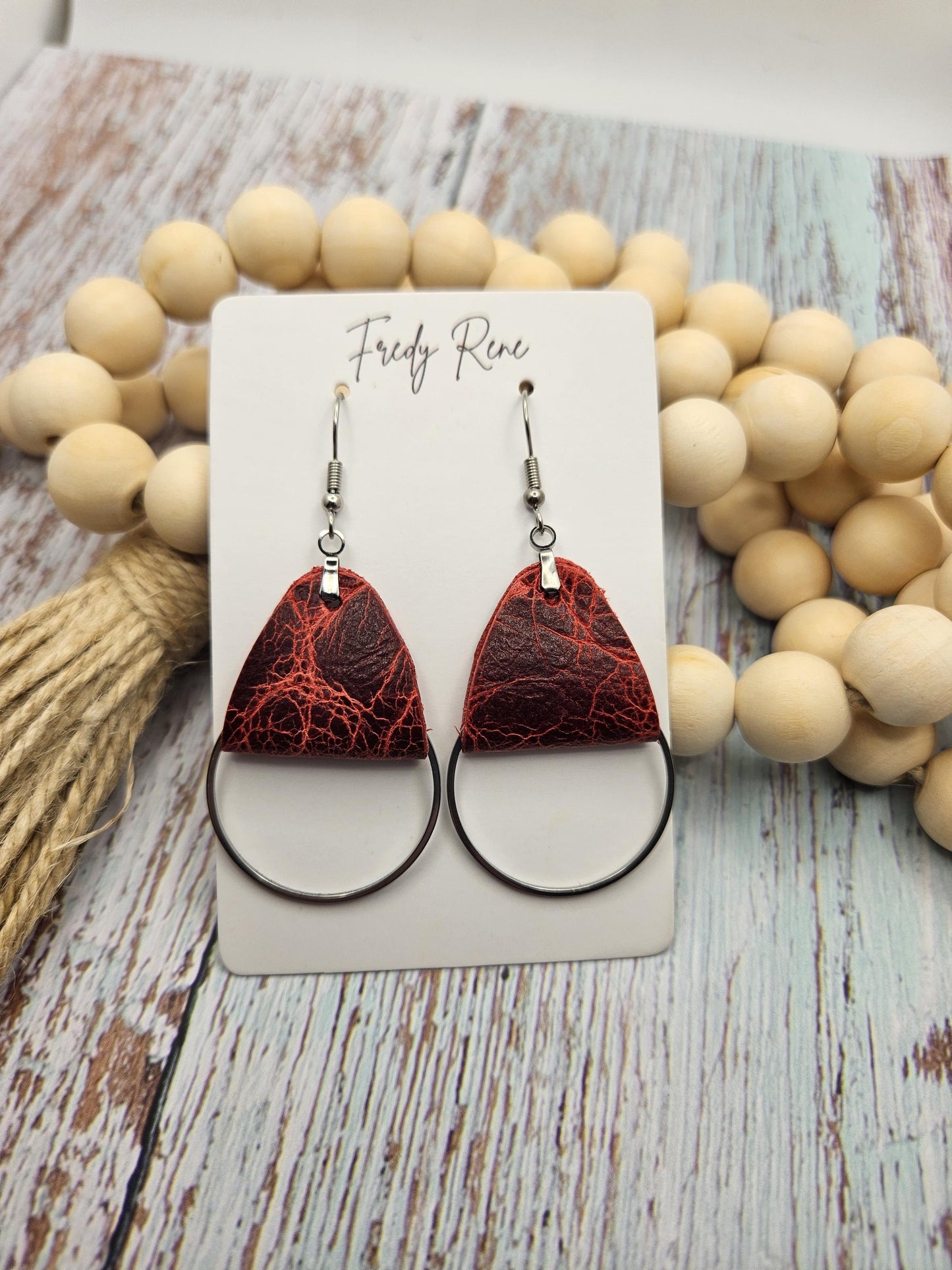 Rustic Red Leather Earrings with Metal Circle Detail