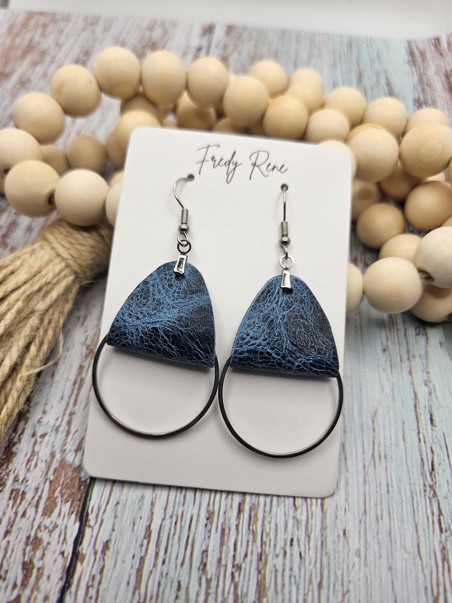 Rustic Blue Leather Earrings with Metal Circle Detail