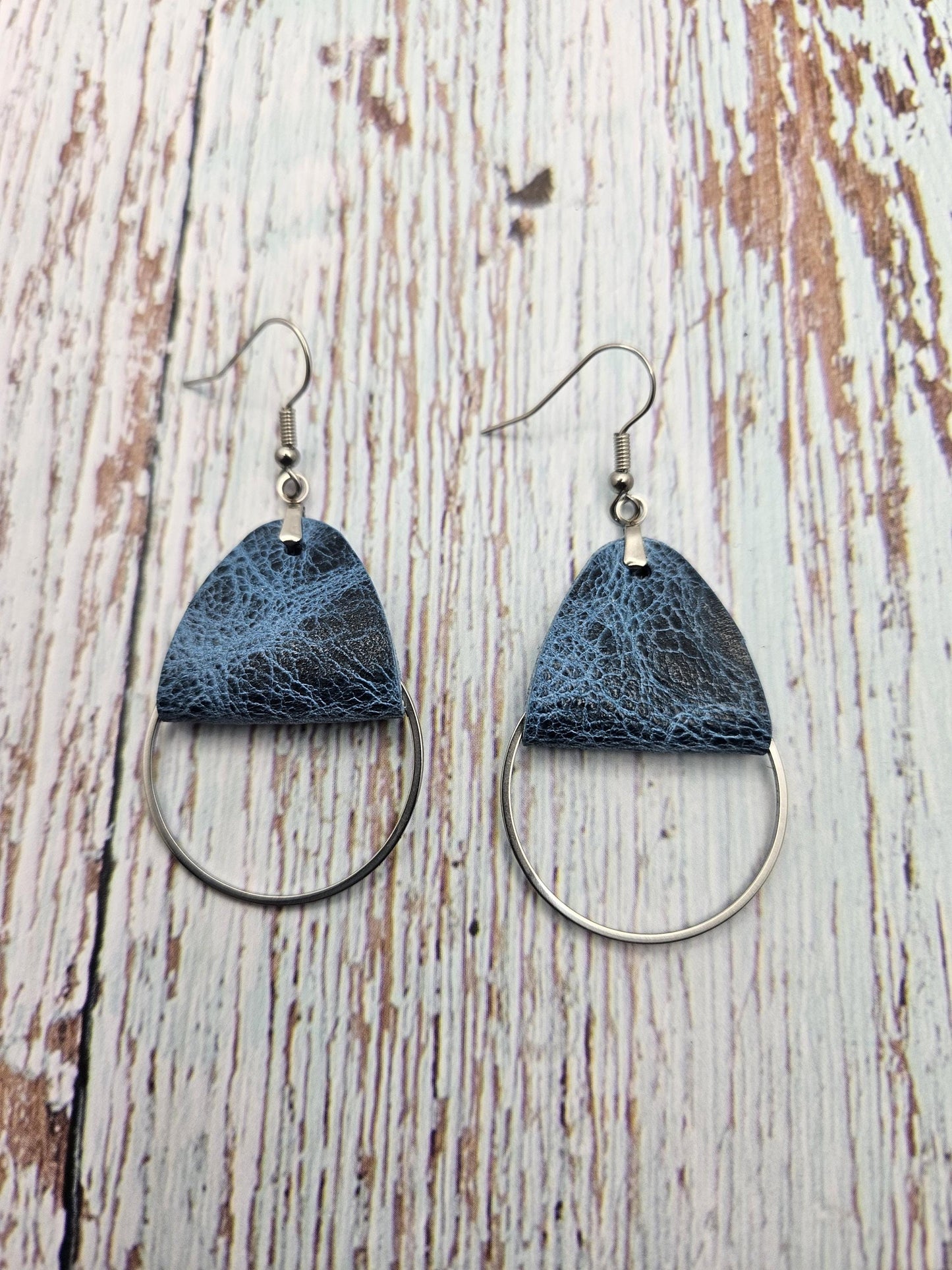 Rustic Blue Leather Earrings with Metal Circle Detail