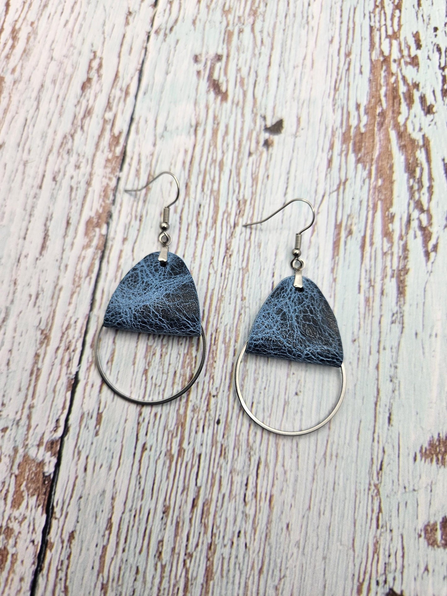 Rustic Blue Leather Earrings with Metal Circle Detail