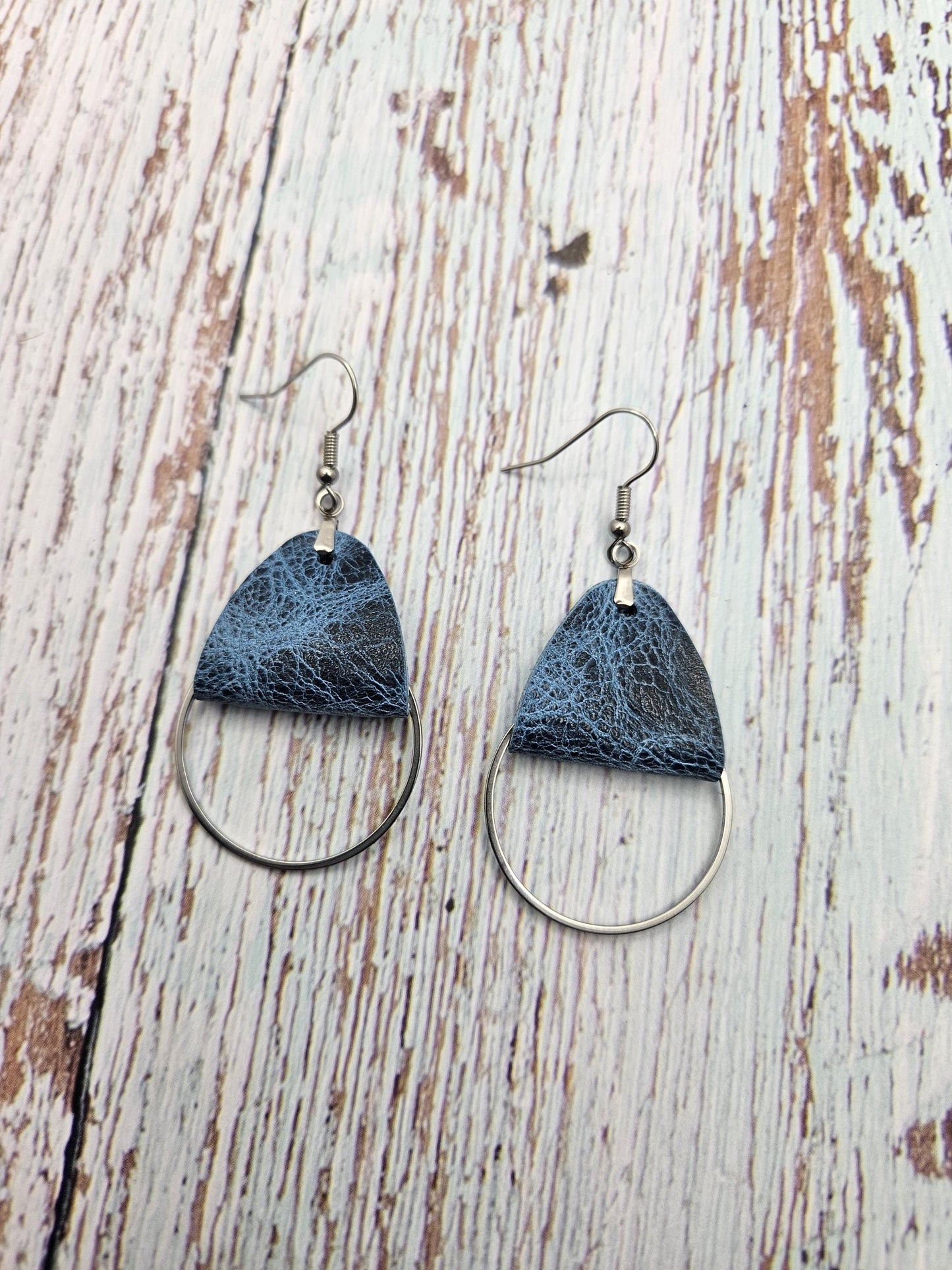 Rustic Blue Leather Earrings with Metal Circle Detail
