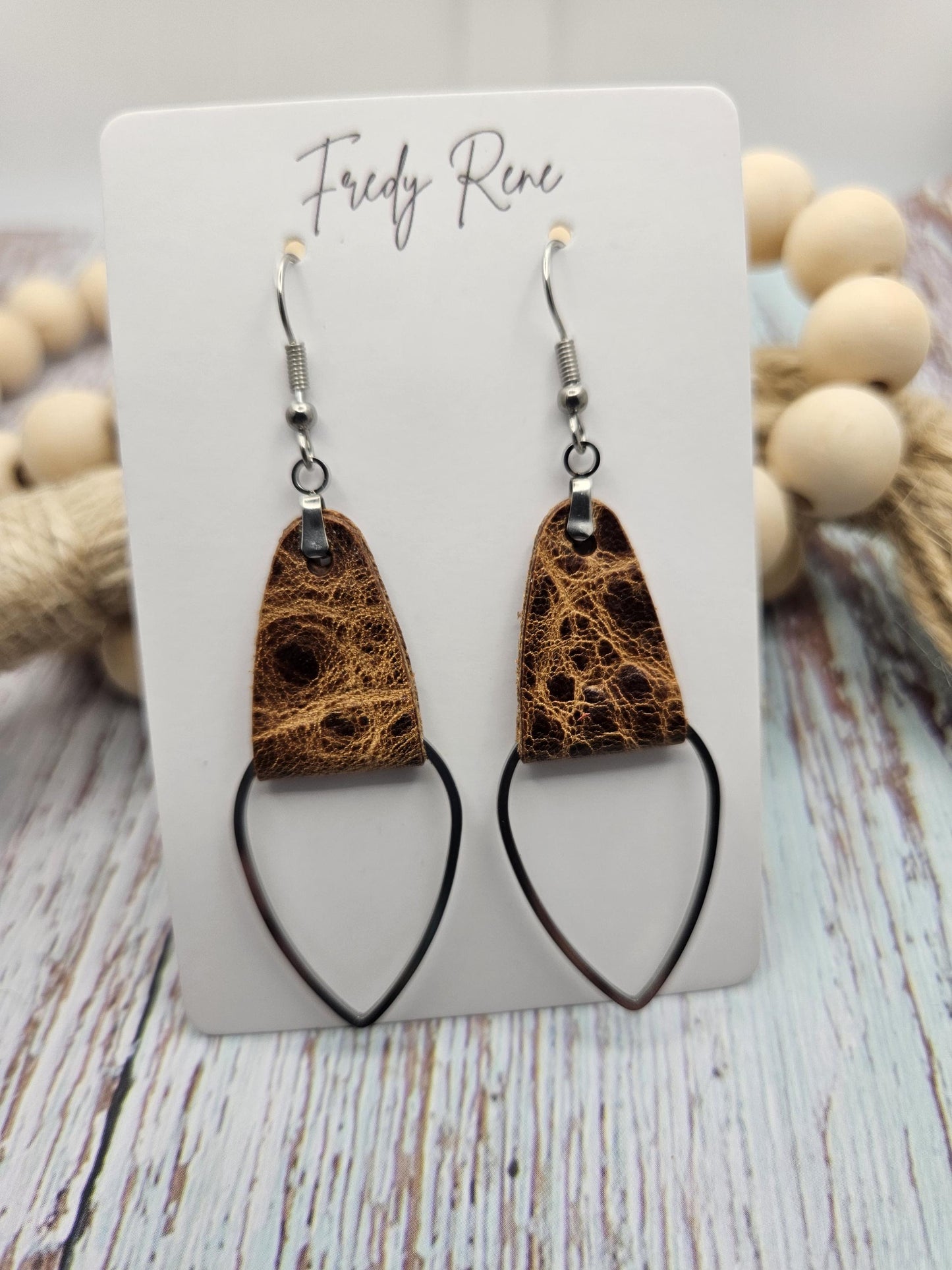 Rustic Brown Leather & Metal Teardrop Earrings