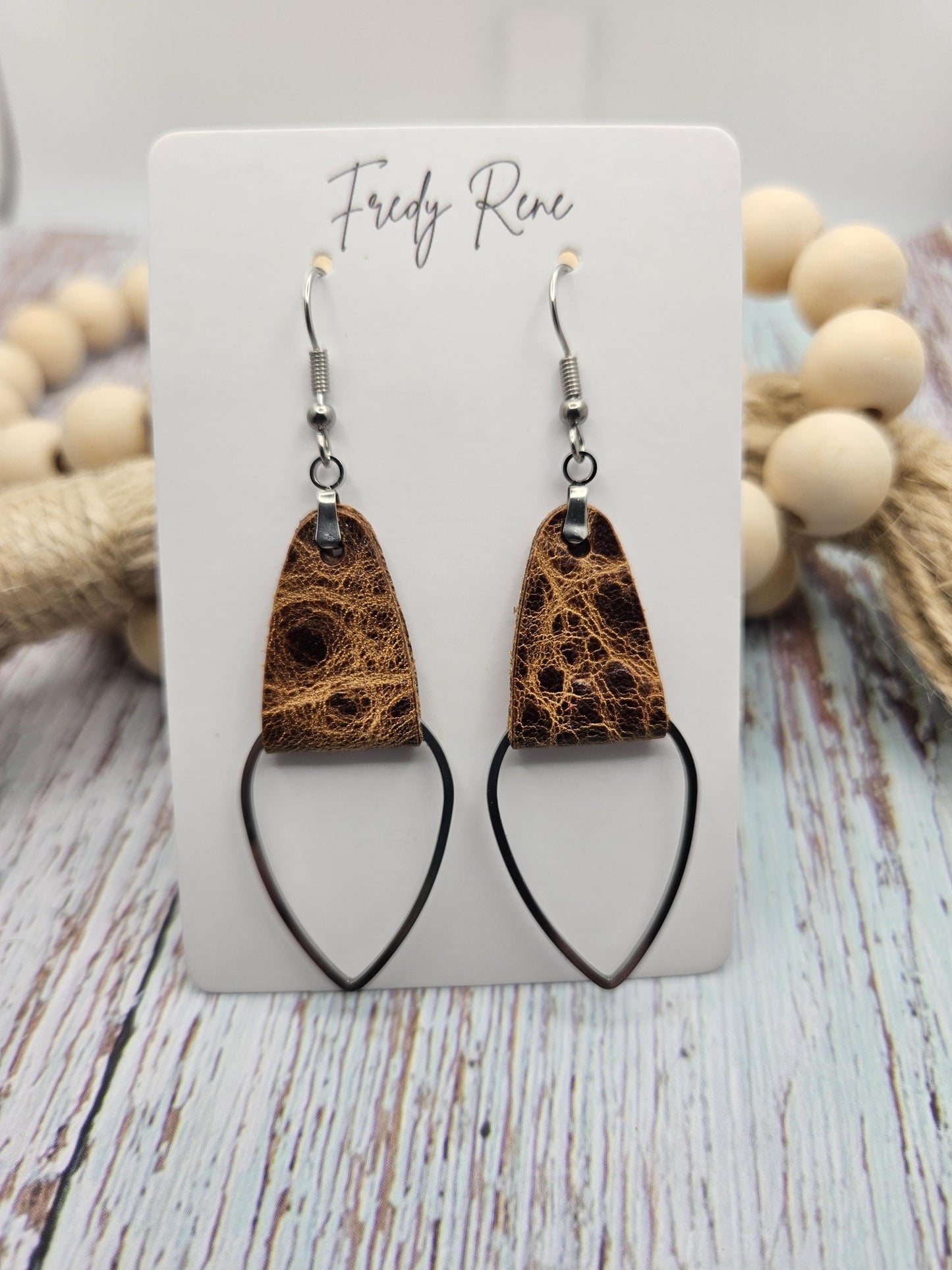 Rustic Brown Leather & Metal Teardrop Earrings