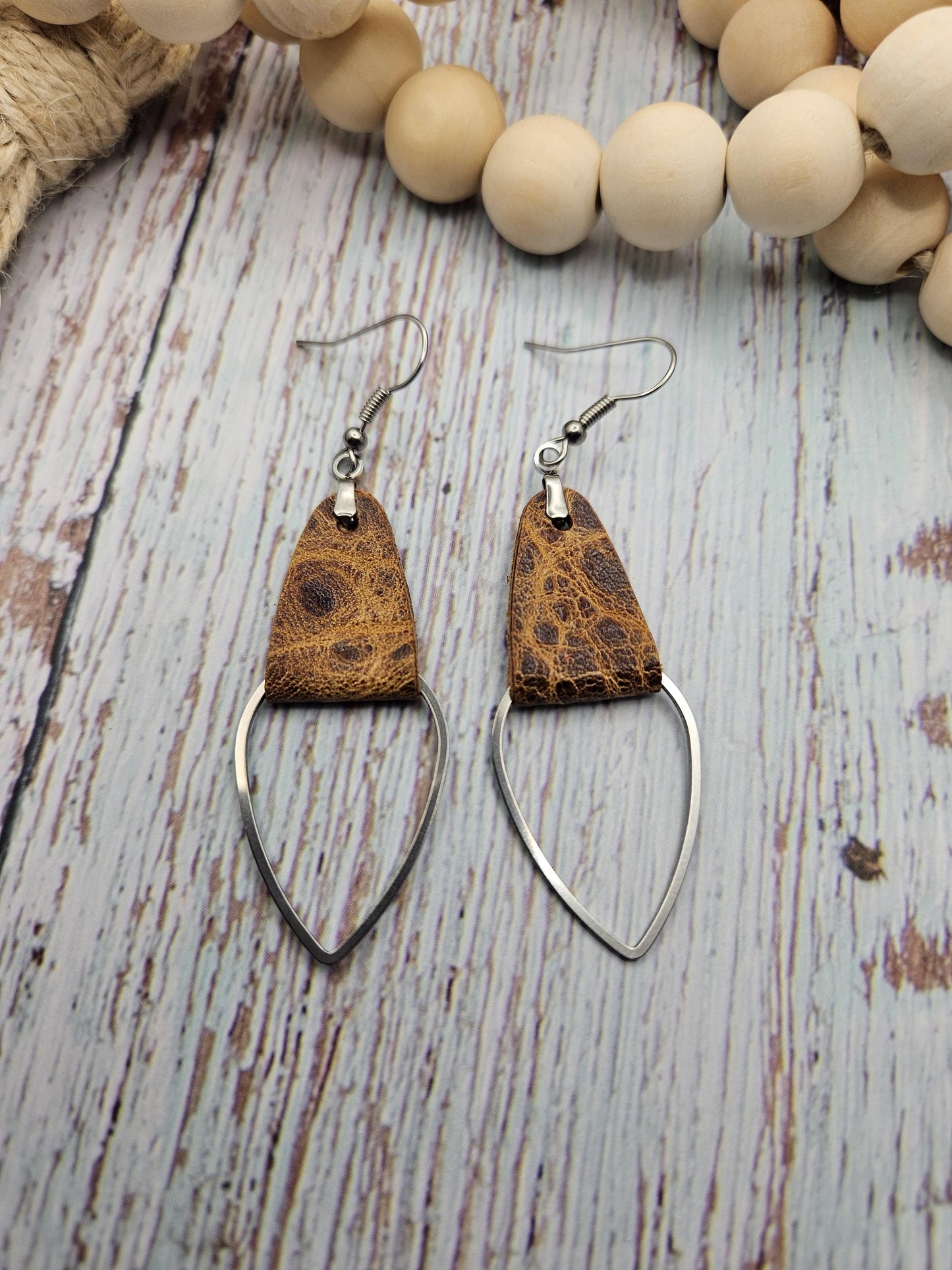 Rustic Brown Leather & Metal Teardrop Earrings