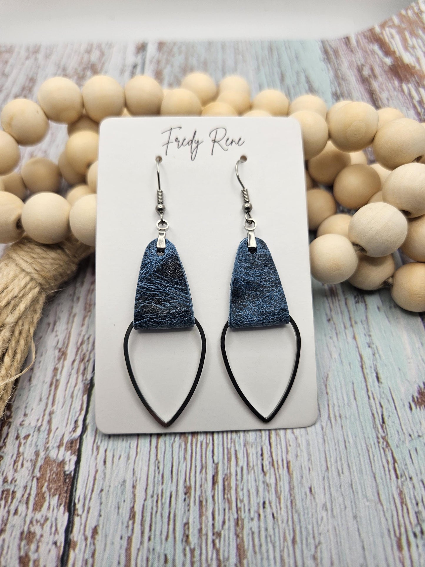 Rustic Blue Leather & Metal Teardrop Earrings