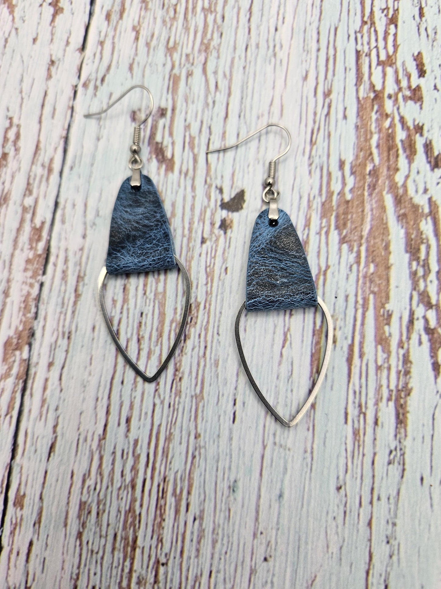 Rustic Blue Leather & Metal Teardrop Earrings