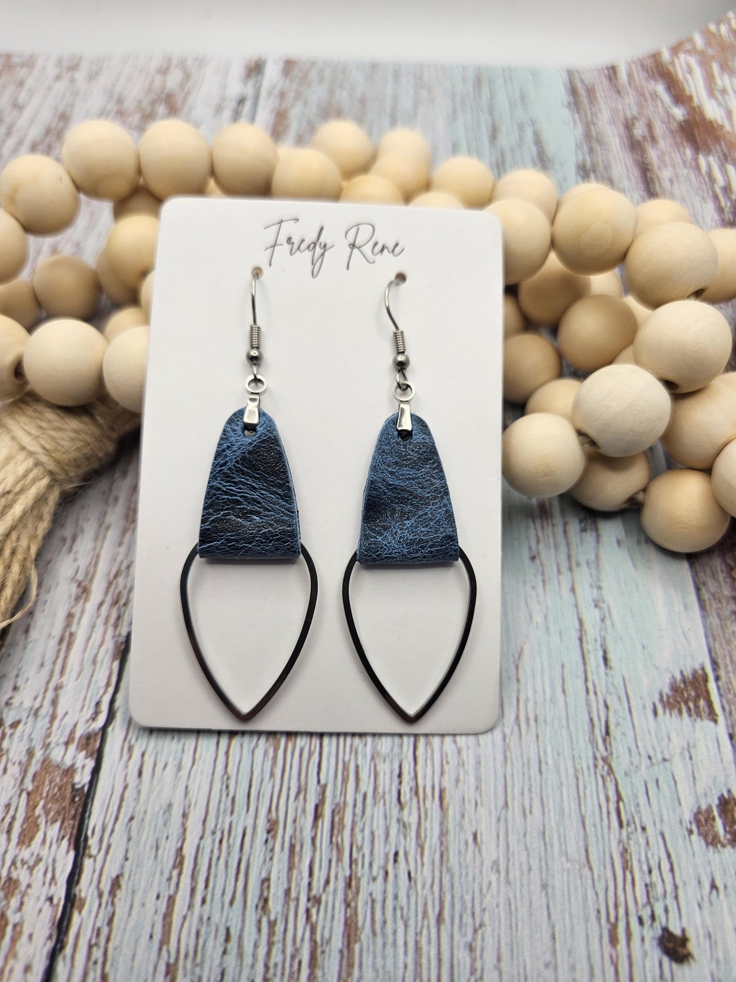 Rustic Blue Leather & Metal Teardrop Earrings