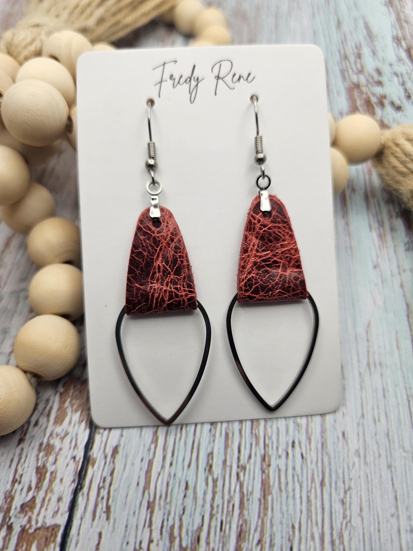 Rustic Red Leather & Metal Teardrop Earrings