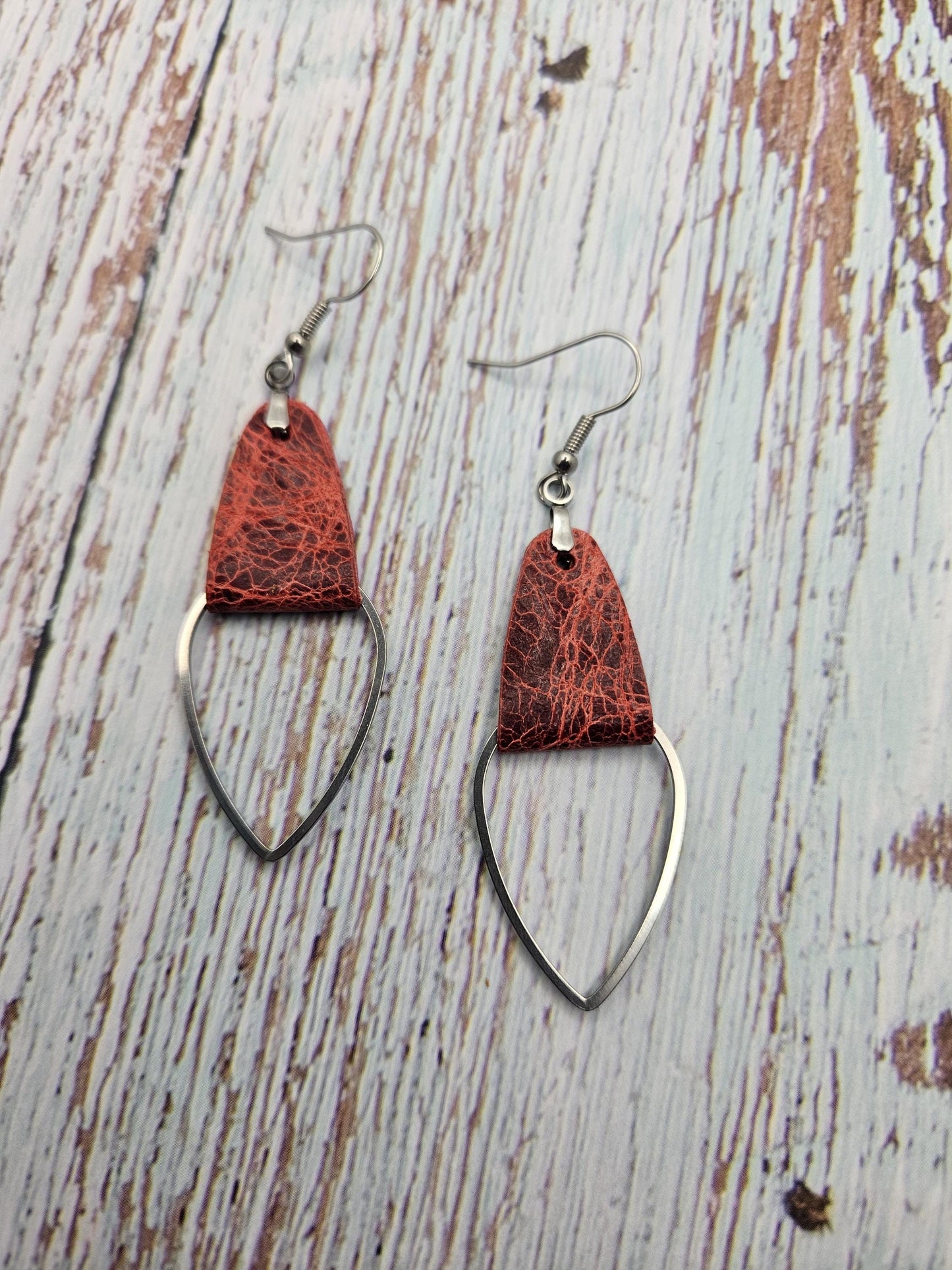 Rustic Red Leather & Metal Teardrop Earrings