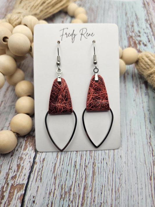 Rustic Red Leather & Metal Teardrop Earrings