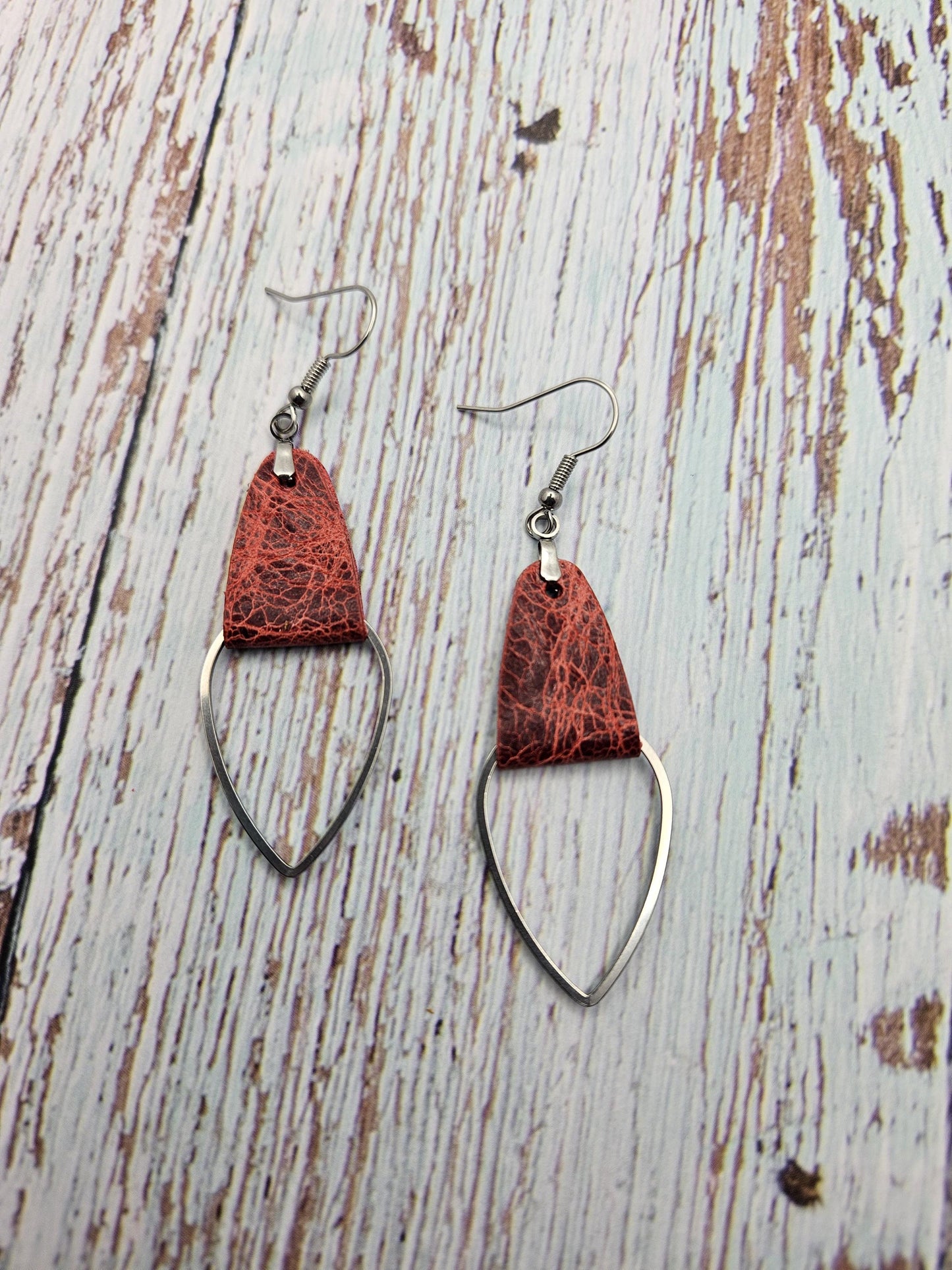 Rustic Red Leather & Metal Teardrop Earrings