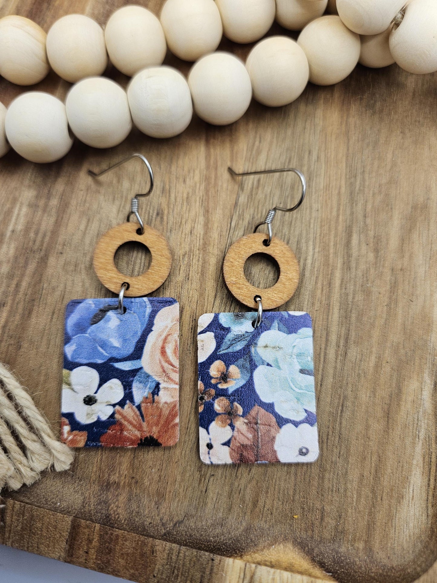 Blue Floral Rectangle Cork Backed with Genuine Leather Earrings