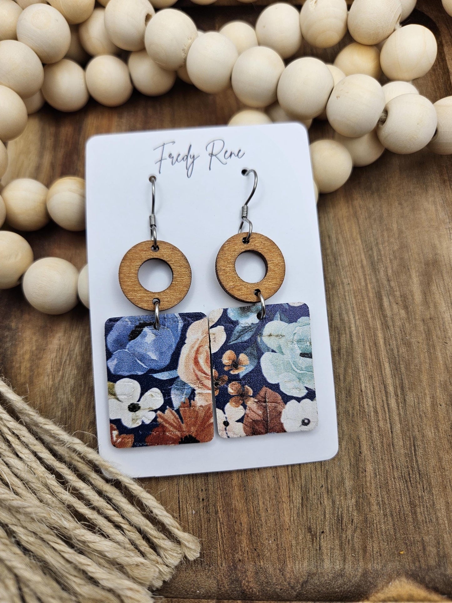 Blue Floral Rectangle Cork Backed with Genuine Leather Earrings
